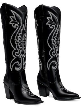 Women's Black High Cowboy Boots 3.5 Inch Chunky Heels Cowgirl Boot Pointed Toe